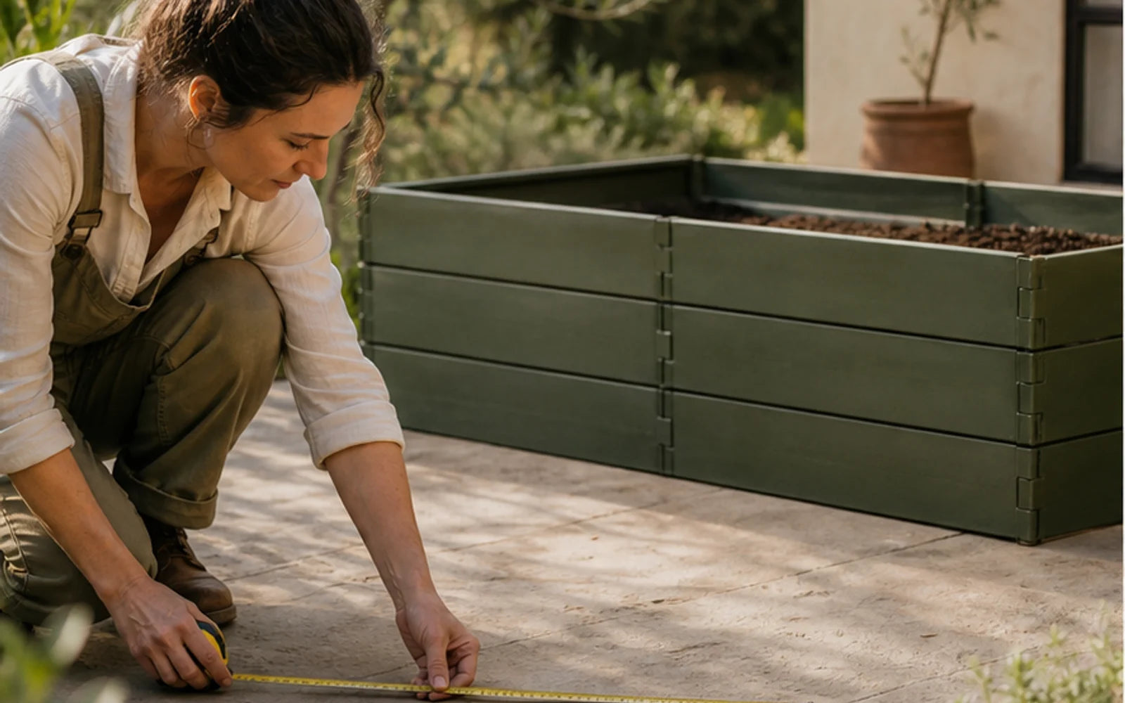 Gardener measuring a patio beside a raised garden bed