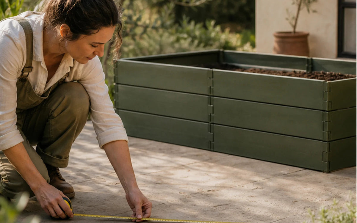 Gardener measuring a patio beside a raised garden bed