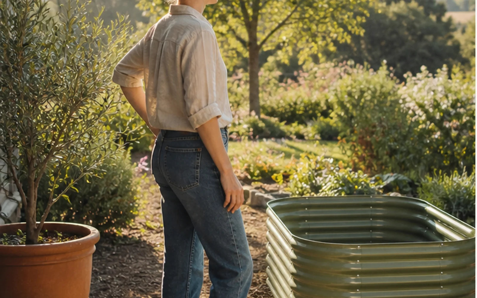 Gardener reviewing a raised-bed location