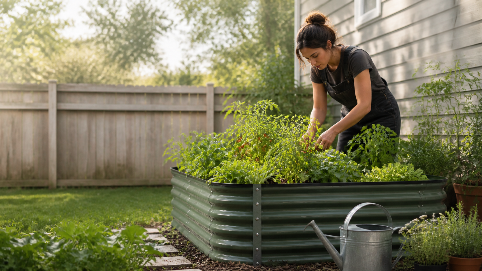 Gardener tending a raised garden bed